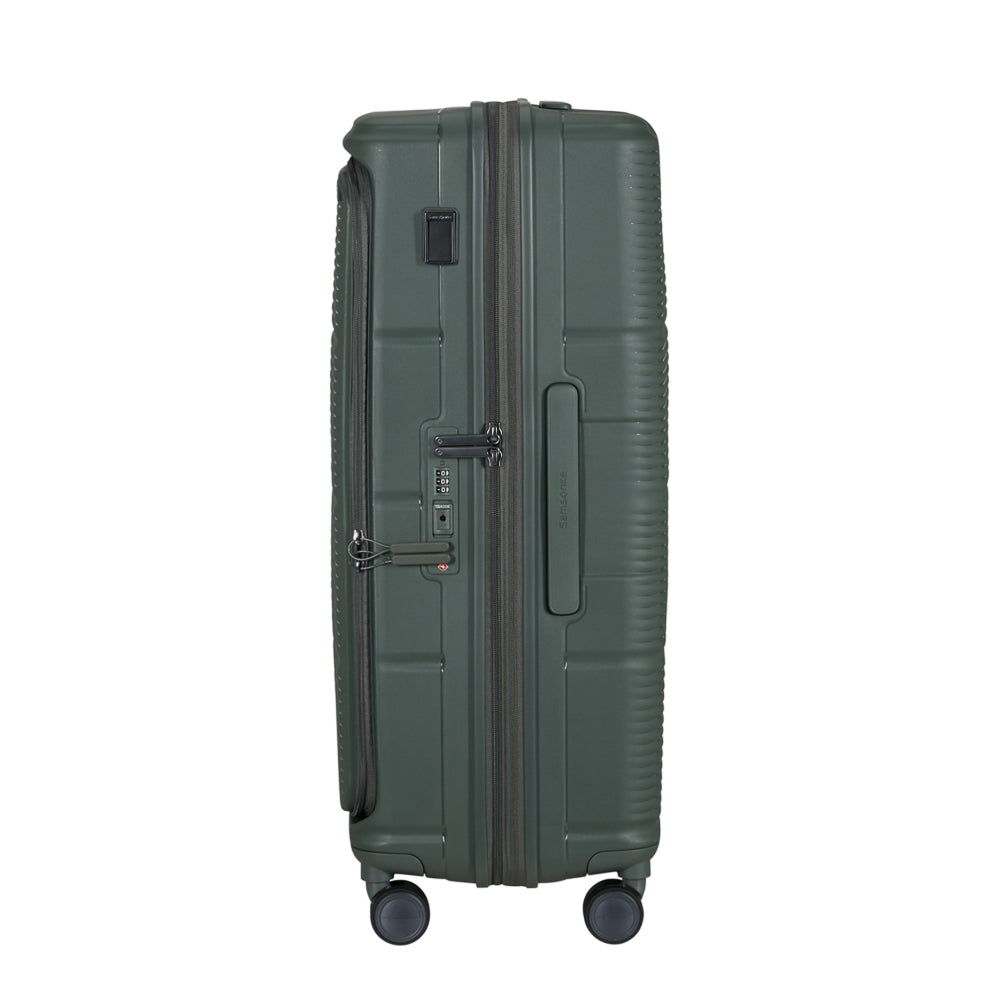 Olive 75cm expandable spinner suitcase by Samsonite, featuring four wheels and a sturdy handle for easy travel.