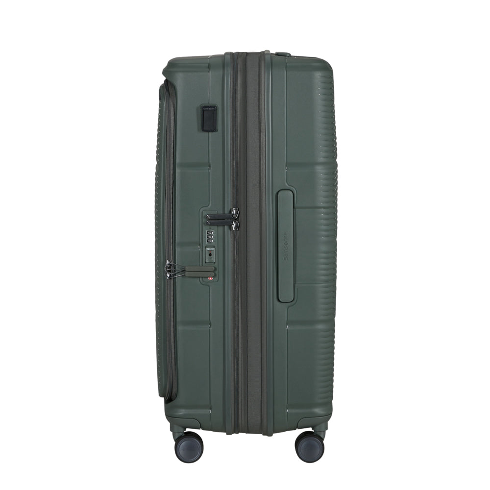 Olive 75cm expandable spinner suitcase by Samsonite, featuring four wheels and a durable design for travel convenience.