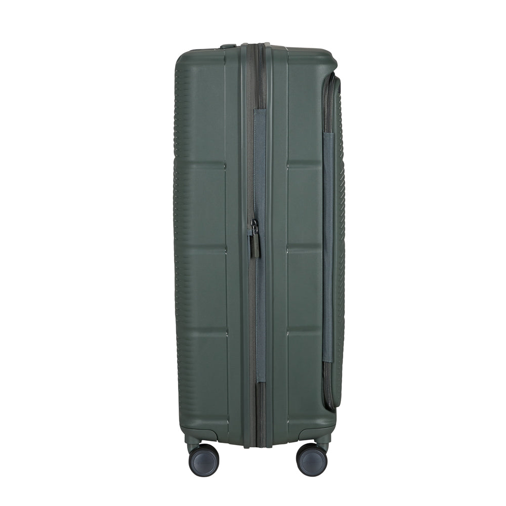 Olive 75cm Samsonite Paralux expandable spinner suitcase with four wheels and a sturdy handle for easy travel.