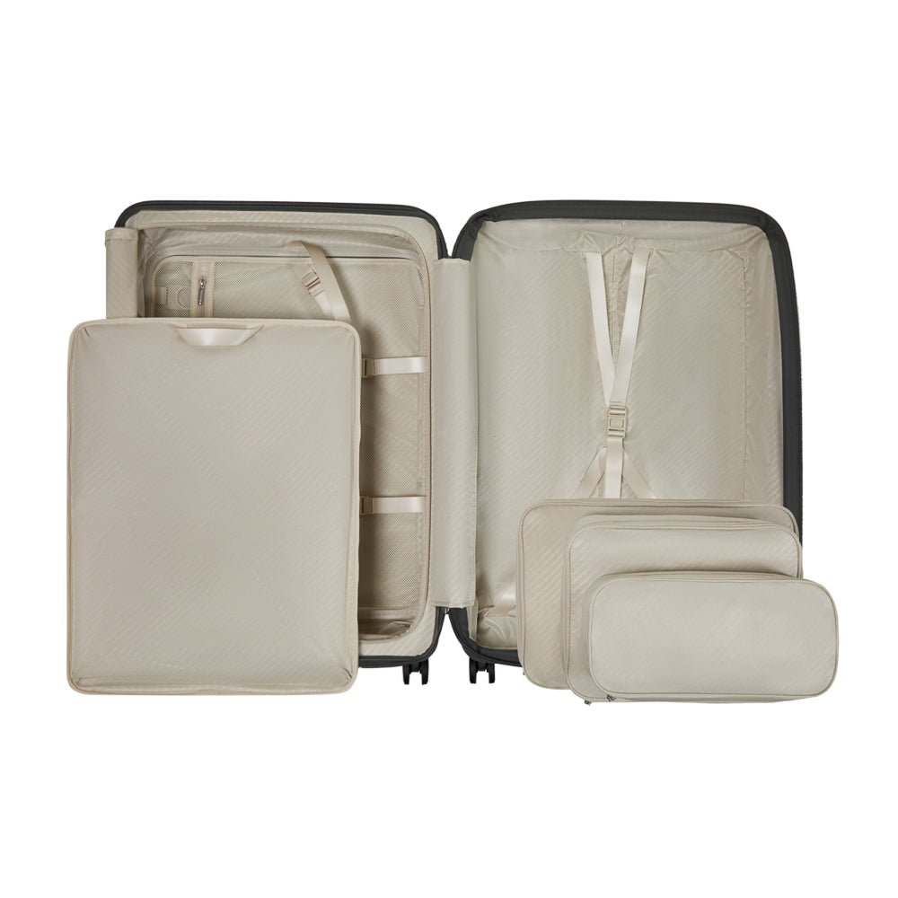 Olive green 75cm expandable spinner suitcase by Samsonite, featuring four wheels and a spacious interior for travel.