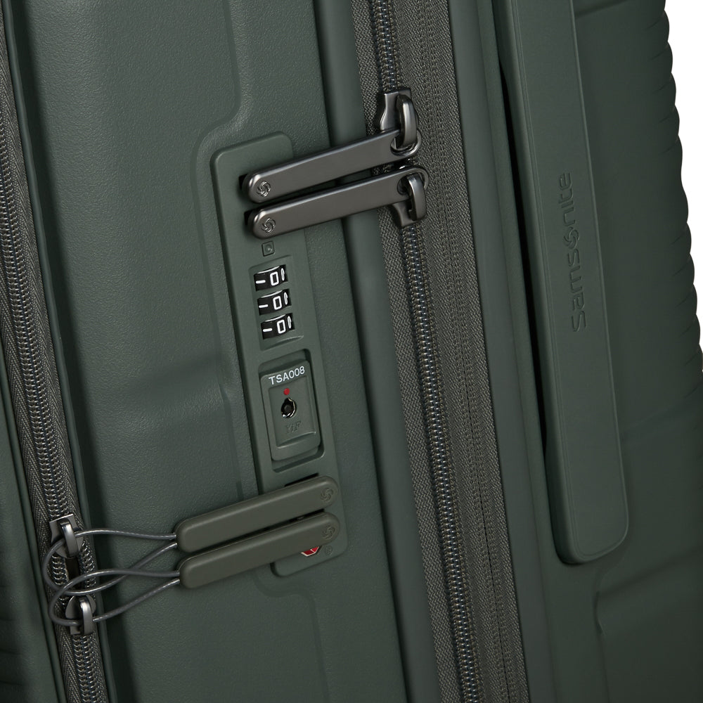 Olive green 75cm expandable spinner suitcase by Samsonite, featuring four wheels and a sleek design for travel convenience.