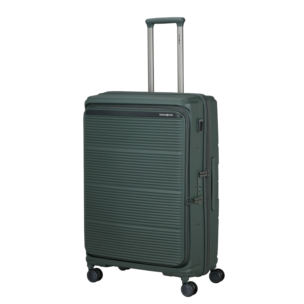 Olive green 75cm expandable spinner suitcase by Samsonite, featuring four wheels and a sturdy handle for easy travel.