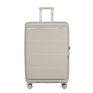 Samsonite Paralux 75cm expandable spinner suitcase in white, showcasing wheels and spacious interior for travel convenience.