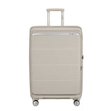 Samsonite Paralux 75cm expandable spinner suitcase in white, showcasing wheels and spacious interior for travel convenience.