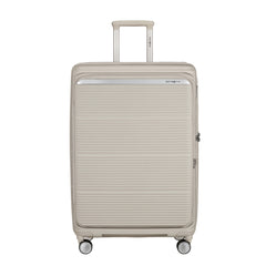 Samsonite Paralux 75cm expandable spinner suitcase in white, showcasing wheels and spacious interior for travel convenience.