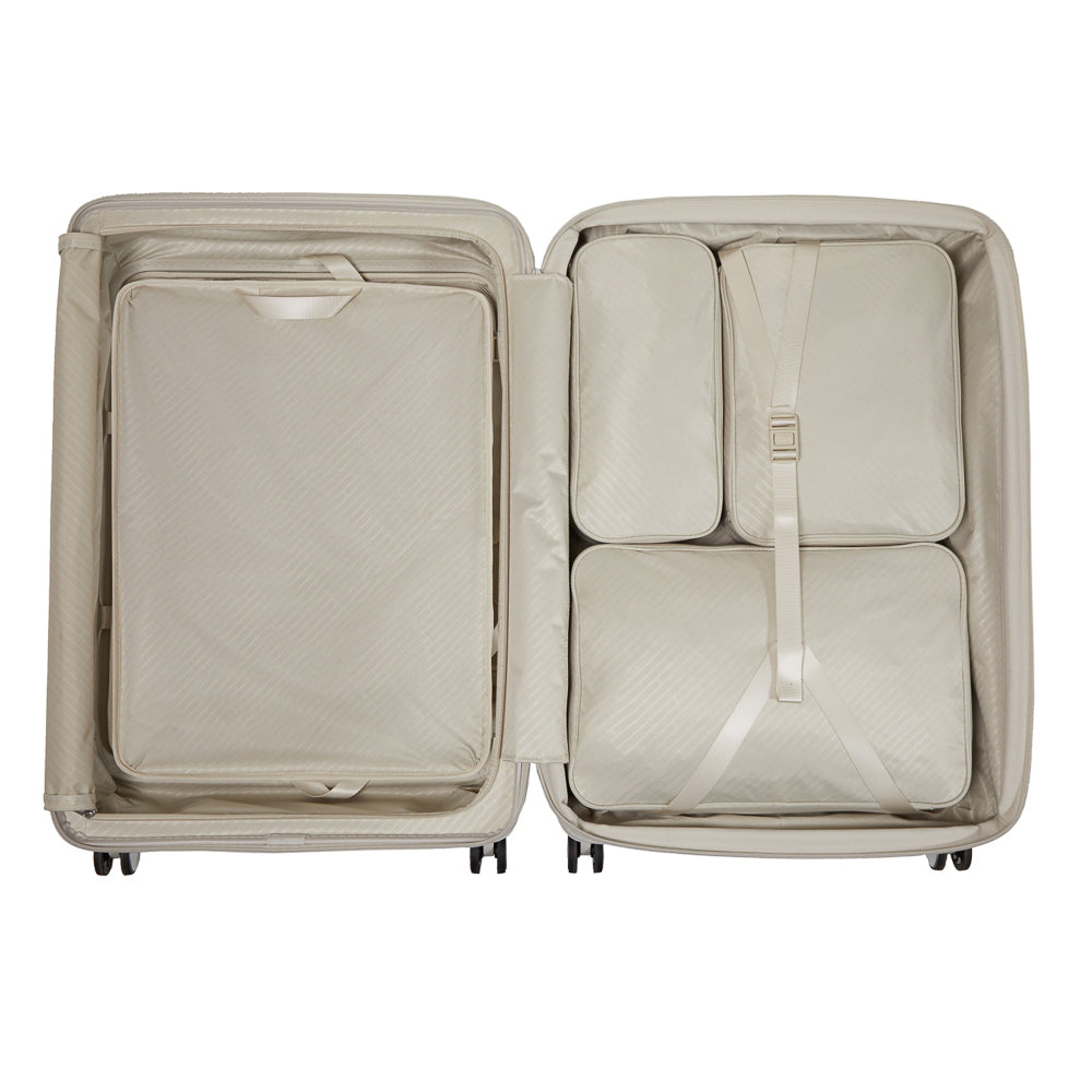 White 75cm expandable spinner suitcase by Samsonite, showcasing sleek design and durable wheels for easy travel.