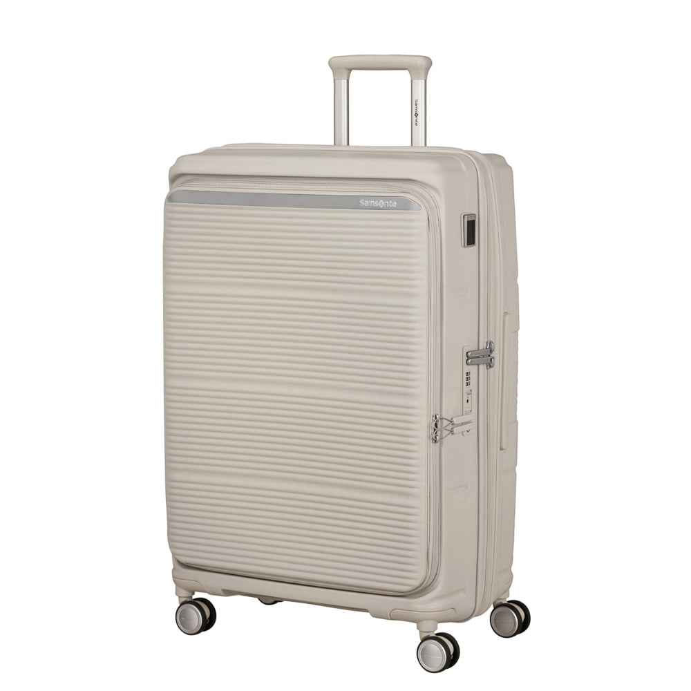 White 75cm expandable spinner suitcase by Samsonite, featuring smooth wheels and a sturdy handle for easy travel.