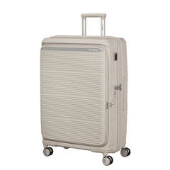 White 75cm expandable spinner suitcase by Samsonite, featuring smooth wheels and a sturdy handle for easy travel.