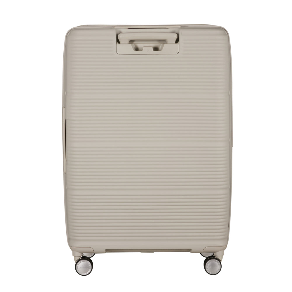 White 75cm expandable spinner suitcase by Samsonite, featuring smooth wheels and spacious interior for check-in luggage.