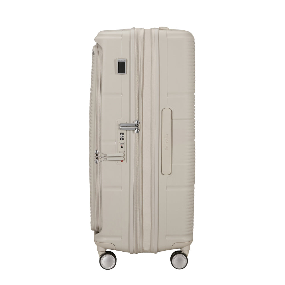 75cm expandable spinner suitcase by Samsonite, featuring a sleek white design and smooth-rolling wheels for easy travel.