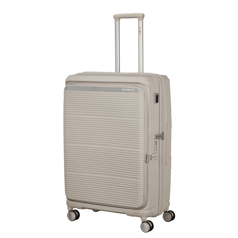 White 75cm expandable spinner suitcase by Samsonite, featuring a durable design and smooth-rolling wheels.