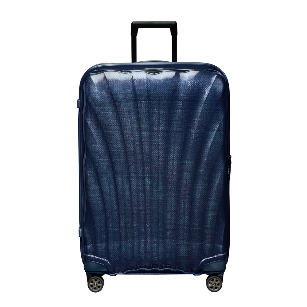 75cm Samsonite C-Lite spinner suitcase in midnight blue, featuring four wheels and a spacious interior for travel.