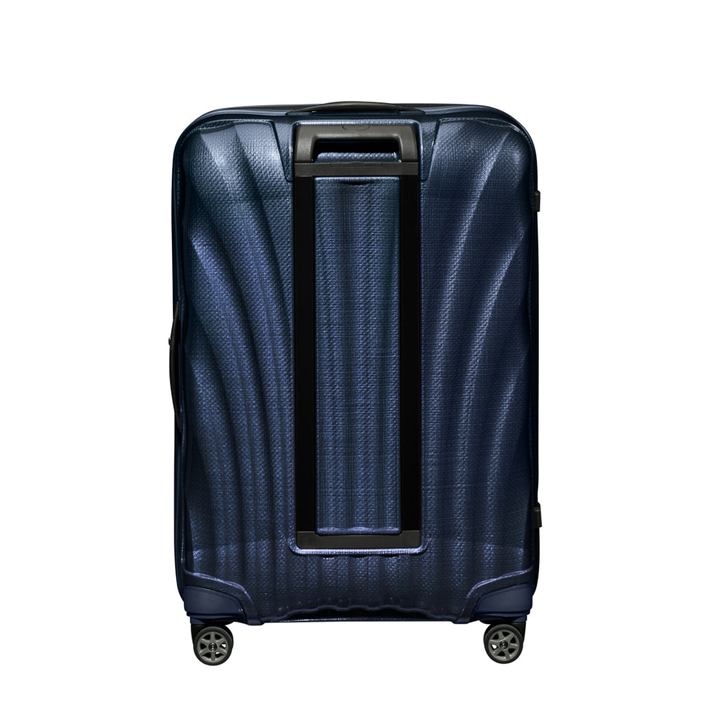 Samsonite C-Lite 75cm spinner suitcase in midnight blue, featuring four wheels and a spacious interior for travel.