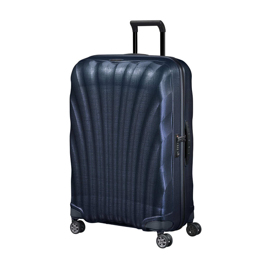 Midnight blue 75cm Spinner Suitcase by Samsonite, featuring a sleek design and durable exterior for check-in travel.