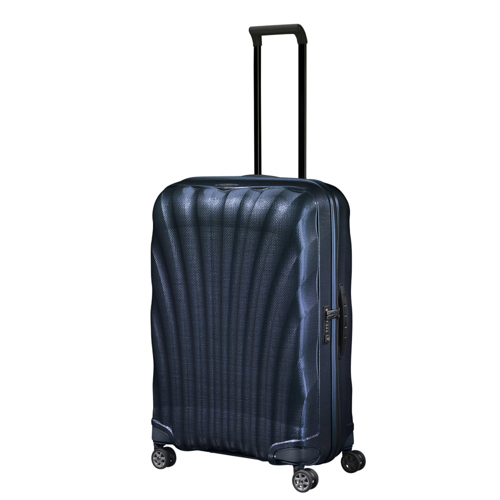 75cm Samsonite C-Lite spinner suitcase in midnight blue with four wheels and a sturdy handle for easy travel.