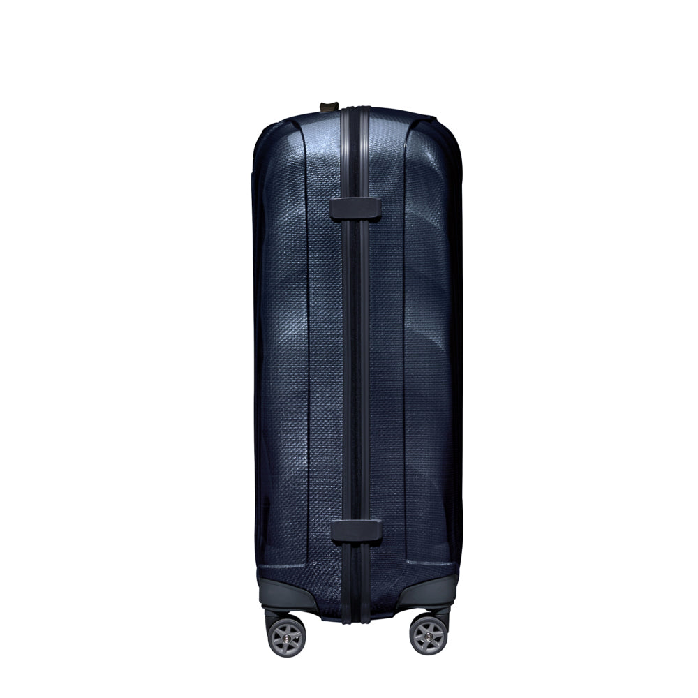 Midnight blue 75cm Samsonite C-Lite spinner suitcase, featuring smooth wheels and a durable exterior for travel convenience.