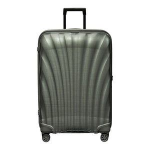 Metallic green 75cm Samsonite C-Lite spinner suitcase with four wheels and a durable exterior.
