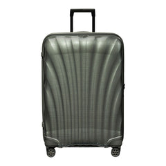 Metallic green 75cm Samsonite C-Lite spinner suitcase with four wheels and a durable exterior.