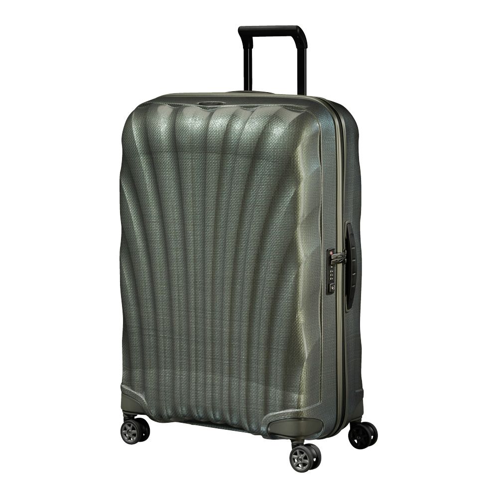 Samsonite C-Lite 75cm metallic green spinner suitcase with four wheels and a sturdy handle for easy travel.
