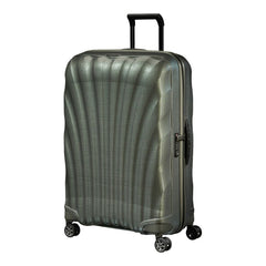 Samsonite C-Lite 75cm metallic green spinner suitcase with four wheels and a sturdy handle for easy travel.