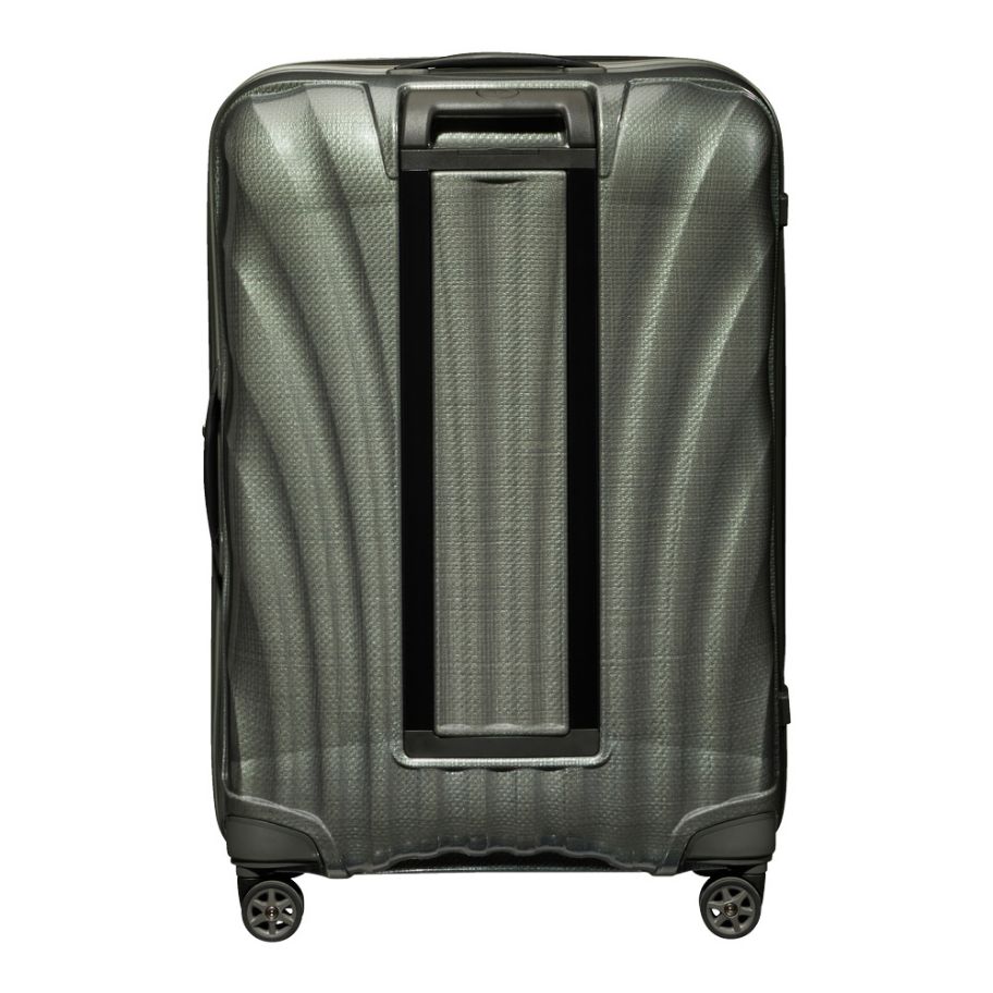 75cm metallic green Samsonite C-Lite spinner suitcase with smooth wheels and spacious interior for travel.