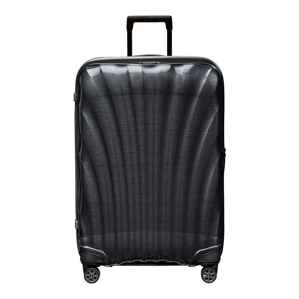 Black 75cm Samsonite C-Lite spinner suitcase with four wheels and a sleek design, ideal for check-in luggage.