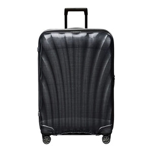 Black 75cm Samsonite C-Lite spinner suitcase with four wheels and a sleek design, ideal for check-in luggage.