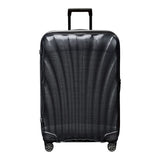 Black 75cm Samsonite C-Lite spinner suitcase with four wheels and a sleek design, ideal for check-in luggage.