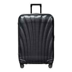 Black 75cm Samsonite C-Lite spinner suitcase with four wheels and a sleek design, ideal for check-in luggage.