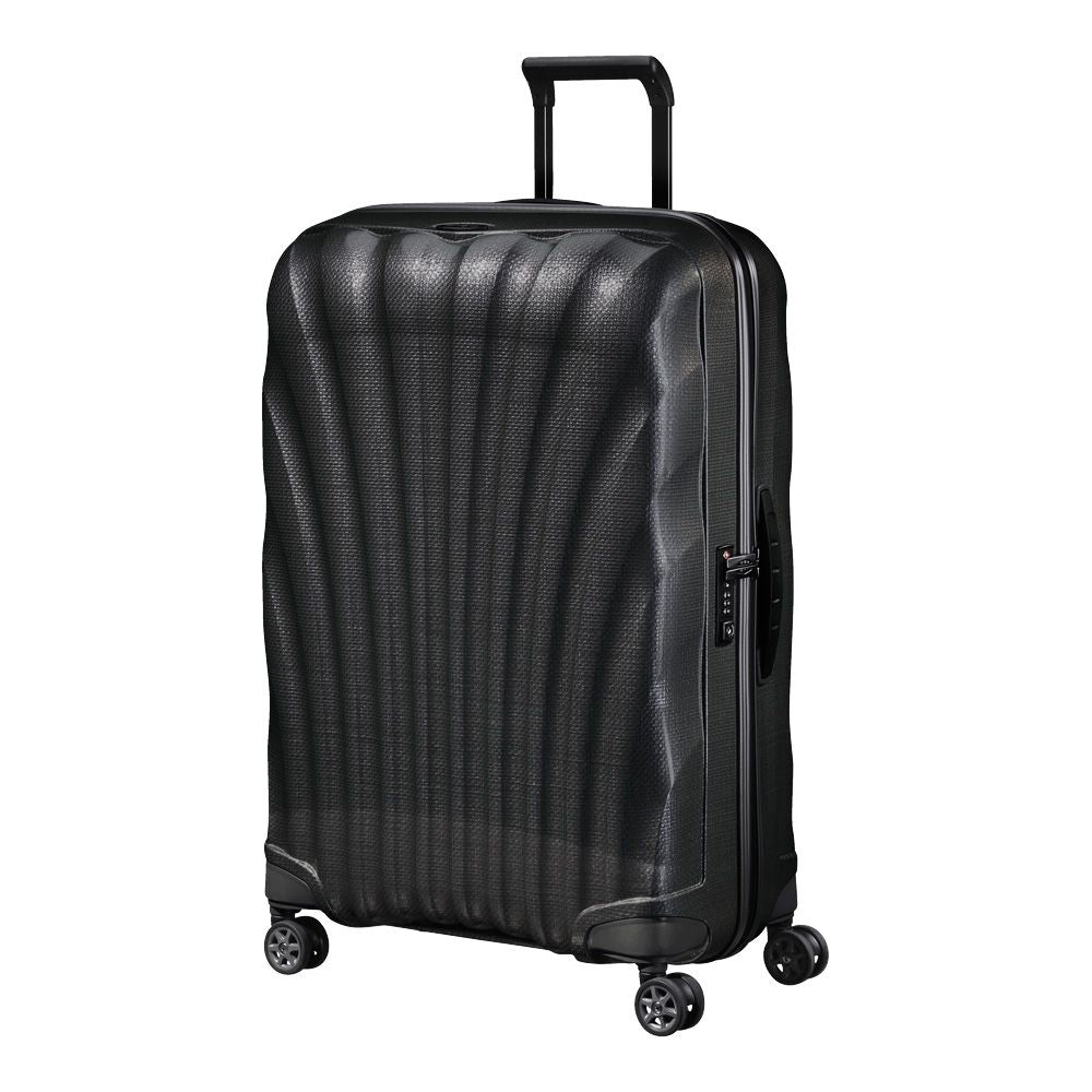 Samsonite C-Lite 75cm black spinner suitcase with smooth wheels and spacious interior for travel convenience.