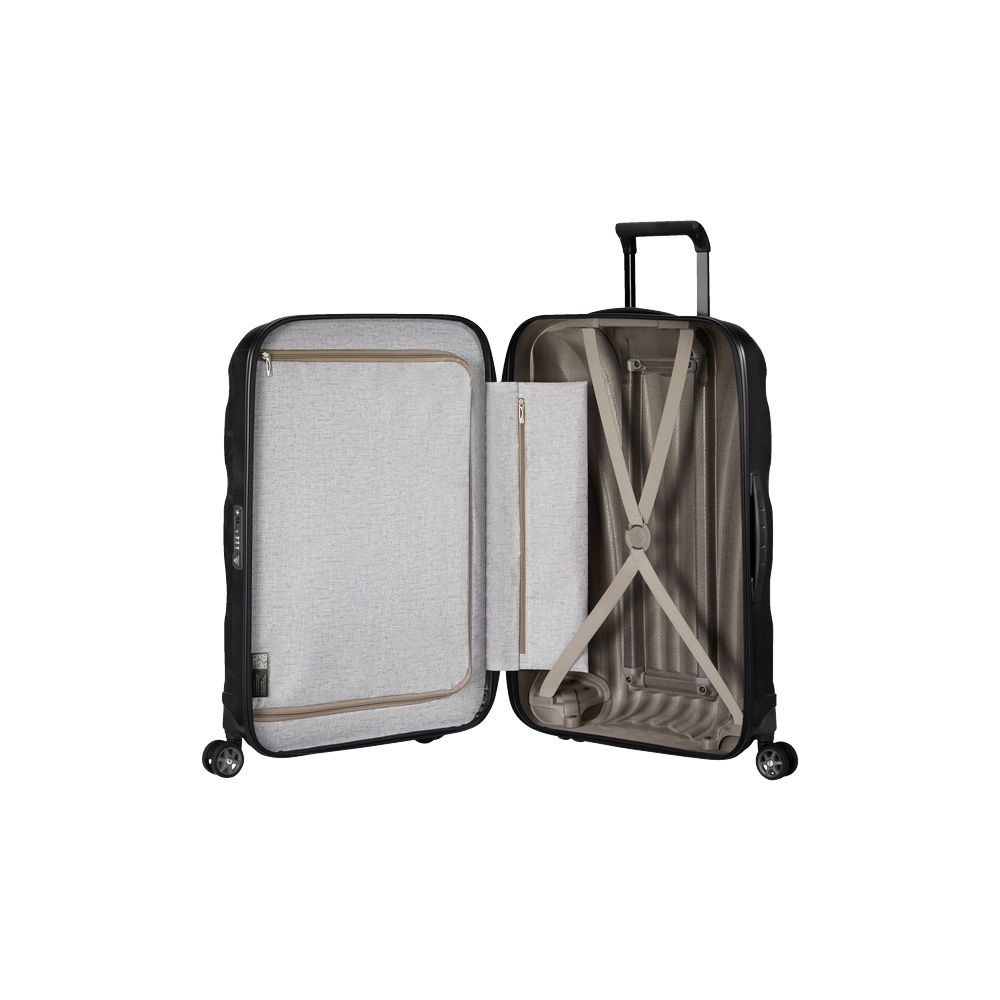 Black 75cm Samsonite C-Lite spinner suitcase with four wheels and a sturdy handle for easy travel.