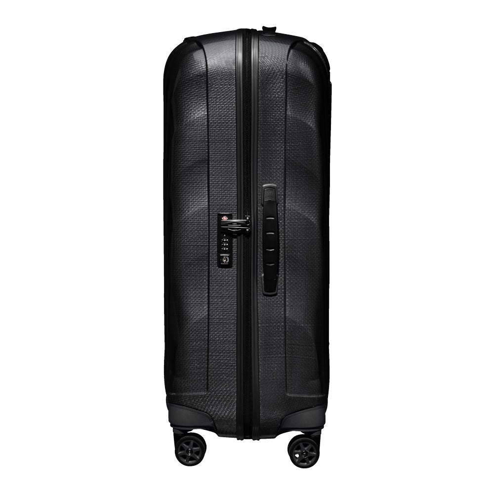Samsonite C-Lite 75cm spinner suitcase in black, showcasing four wheels and a spacious interior for travel convenience.