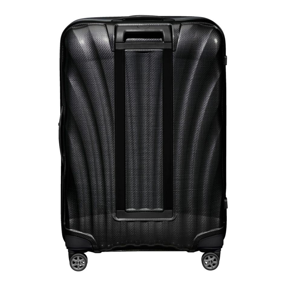 Black 75cm Samsonite C-Lite check-in suitcase with smooth spinner wheels and sturdy handle for easy travel.