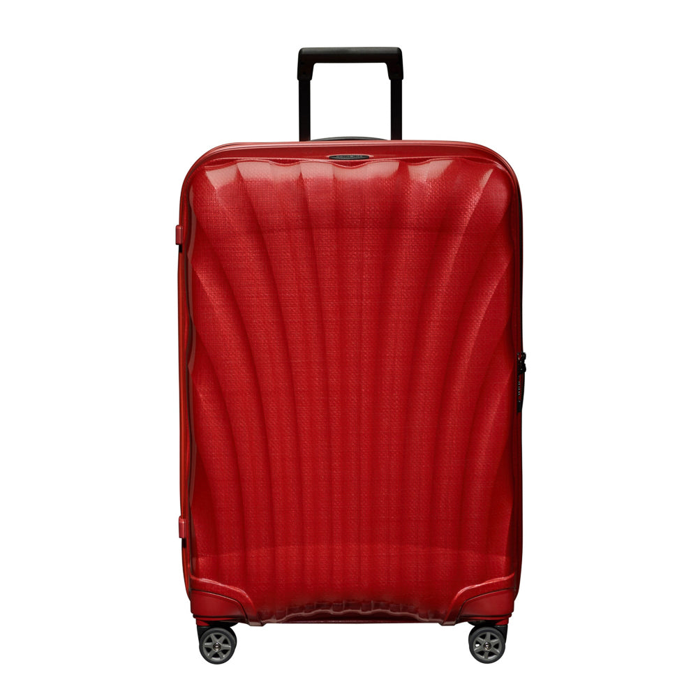 Chili red Samsonite C-Lite 75cm spinner suitcase with smooth wheels and sturdy handles for easy travel.