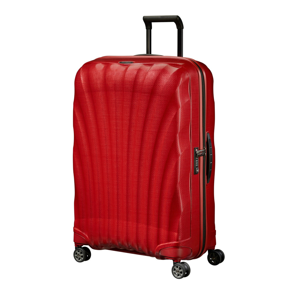 Chilli red 75cm Samsonite C-Lite spinner suitcase with smooth wheels and sturdy handle for check-in travel.