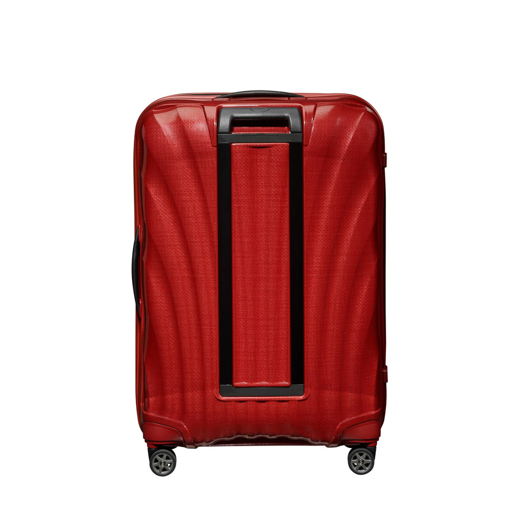Chilli red 75cm Samsonite C-Lite spinner suitcase with a sleek design and smooth wheels for easy travel.