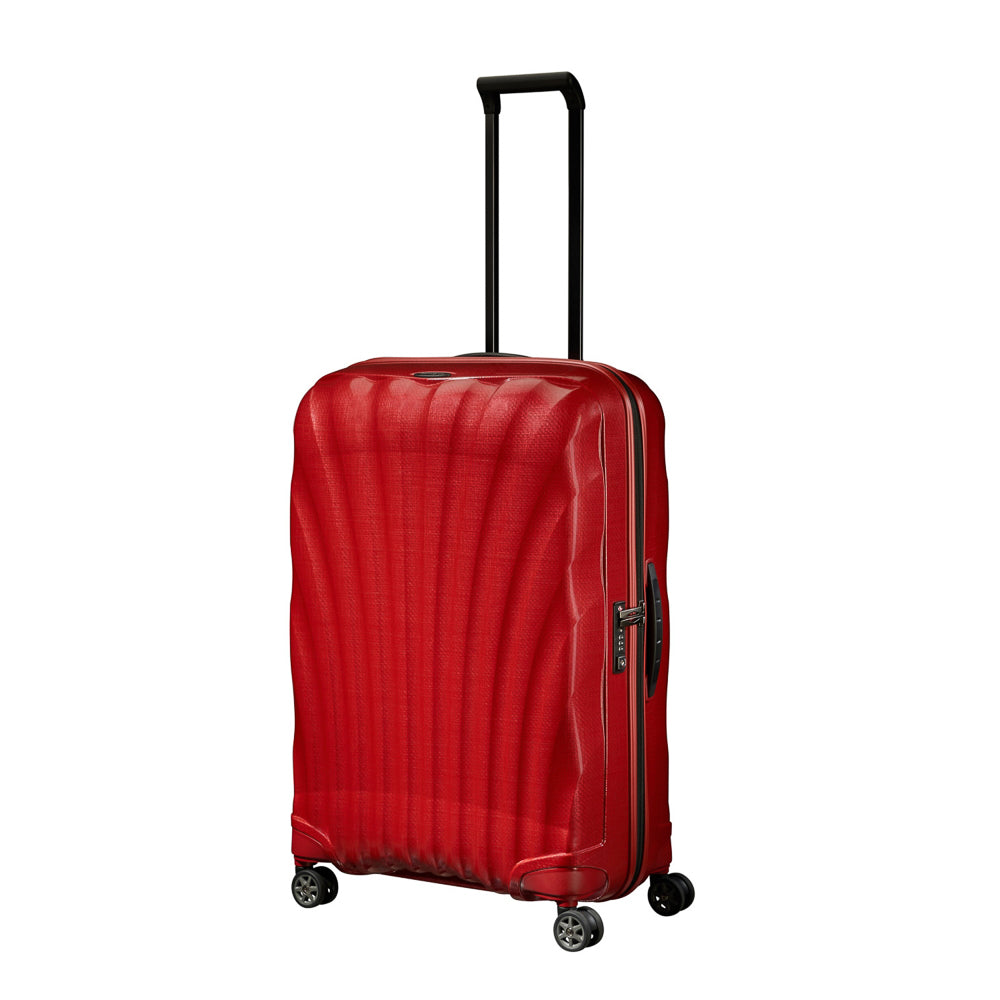 Chilli red 75cm Samsonite C-Lite spinner suitcase with four wheels and a sturdy handle for easy travel.