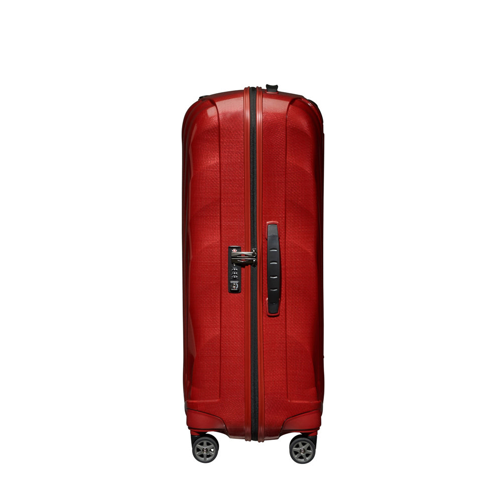 Chilli red 75cm Samsonite C-Lite spinner suitcase with four wheels and sleek design for easy travel.