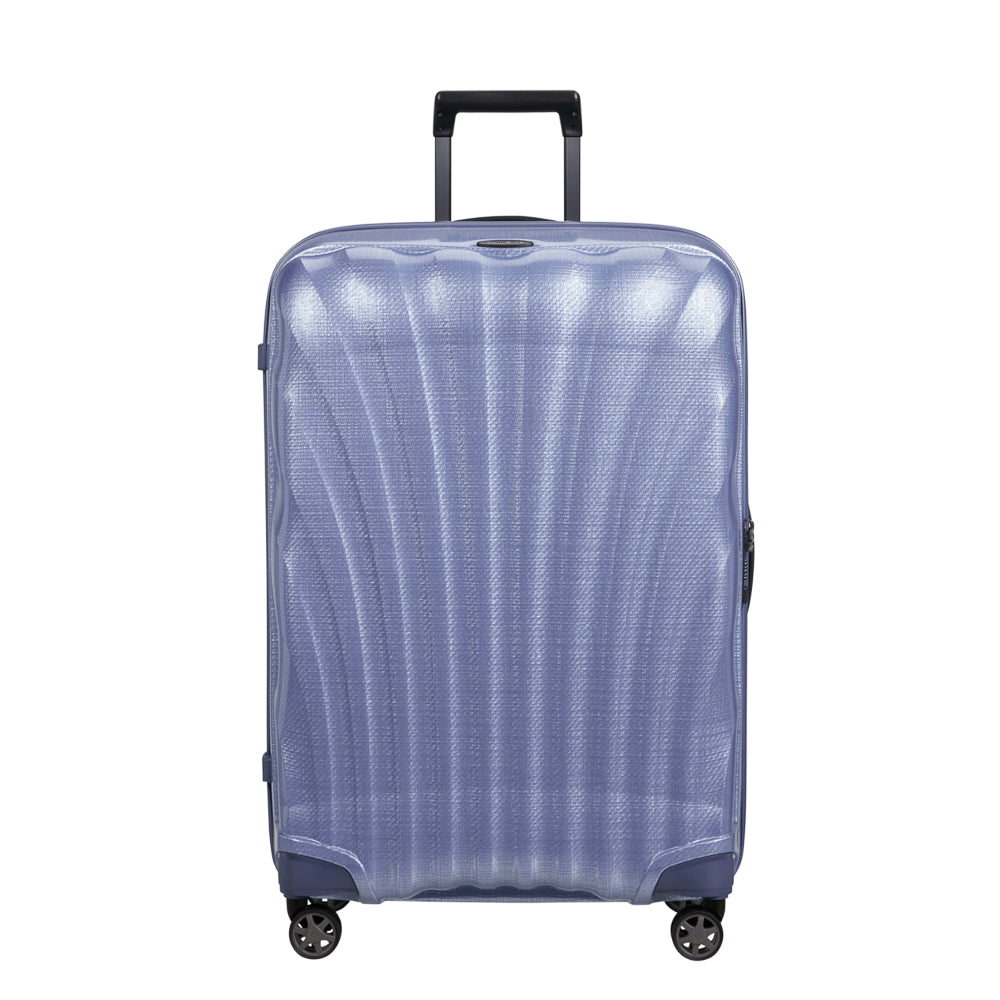 Lavender 75cm Samsonite C-Lite spinner suitcase with smooth wheels and durable exterior, ideal for check-in luggage.
