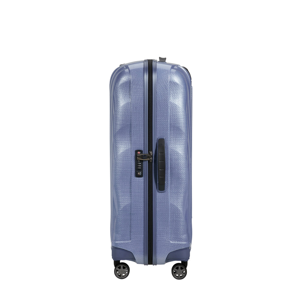 Lavender 75cm Samsonite C-Lite spinner suitcase with four wheels and a durable exterior.