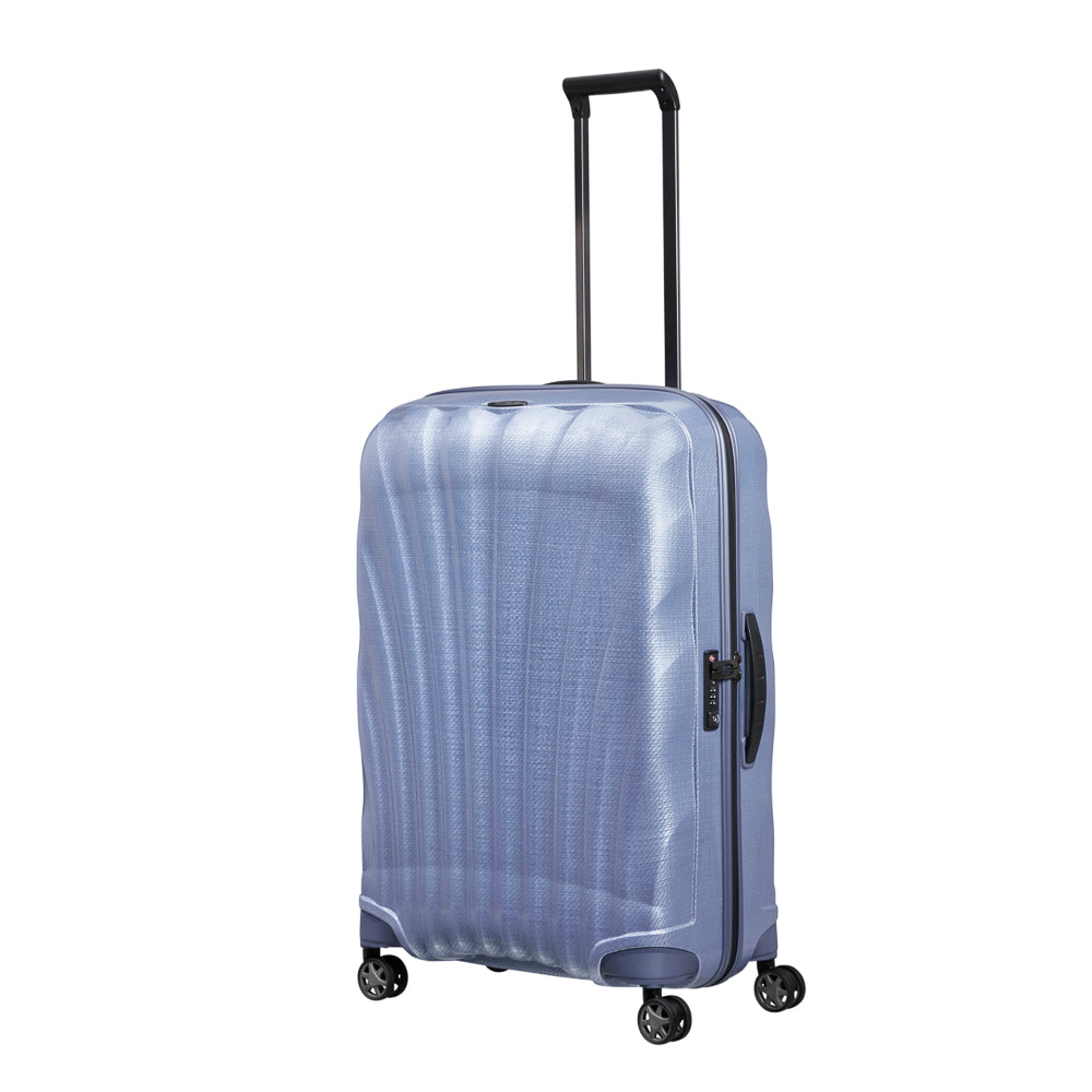 Lavender 75cm Samsonite C-Lite spinner suitcase with four wheels and a retractable handle, perfect for check-in luggage.
