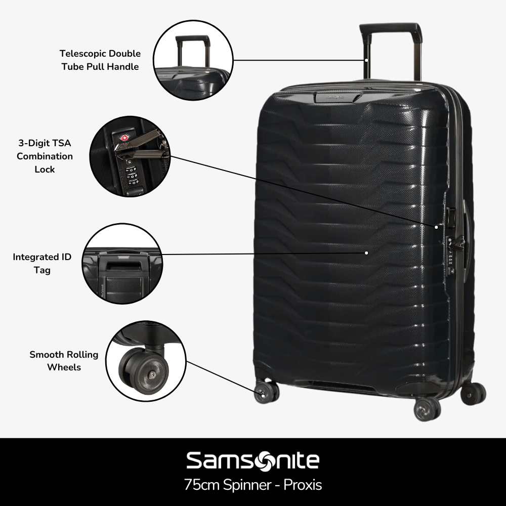 Samsonite Proxis 75cm spinner suitcase in sleek design, featuring four wheels and a durable exterior for travel.