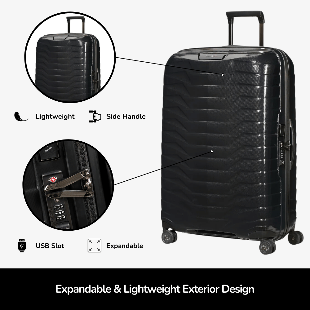 Samsonite Proxis 75cm spinner suitcase in sleek design, showcasing durable exterior and spacious interior for travel.