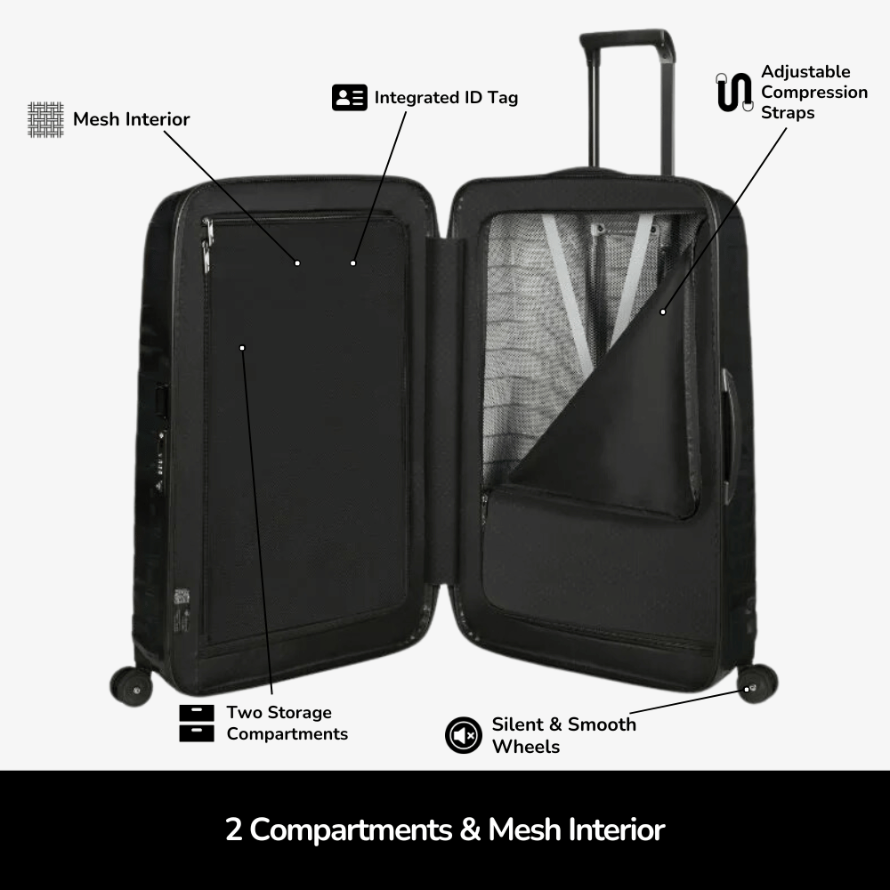 75cm Samsonite Proxis spinner suitcase in sleek design, featuring four wheels and a durable exterior for easy travel.