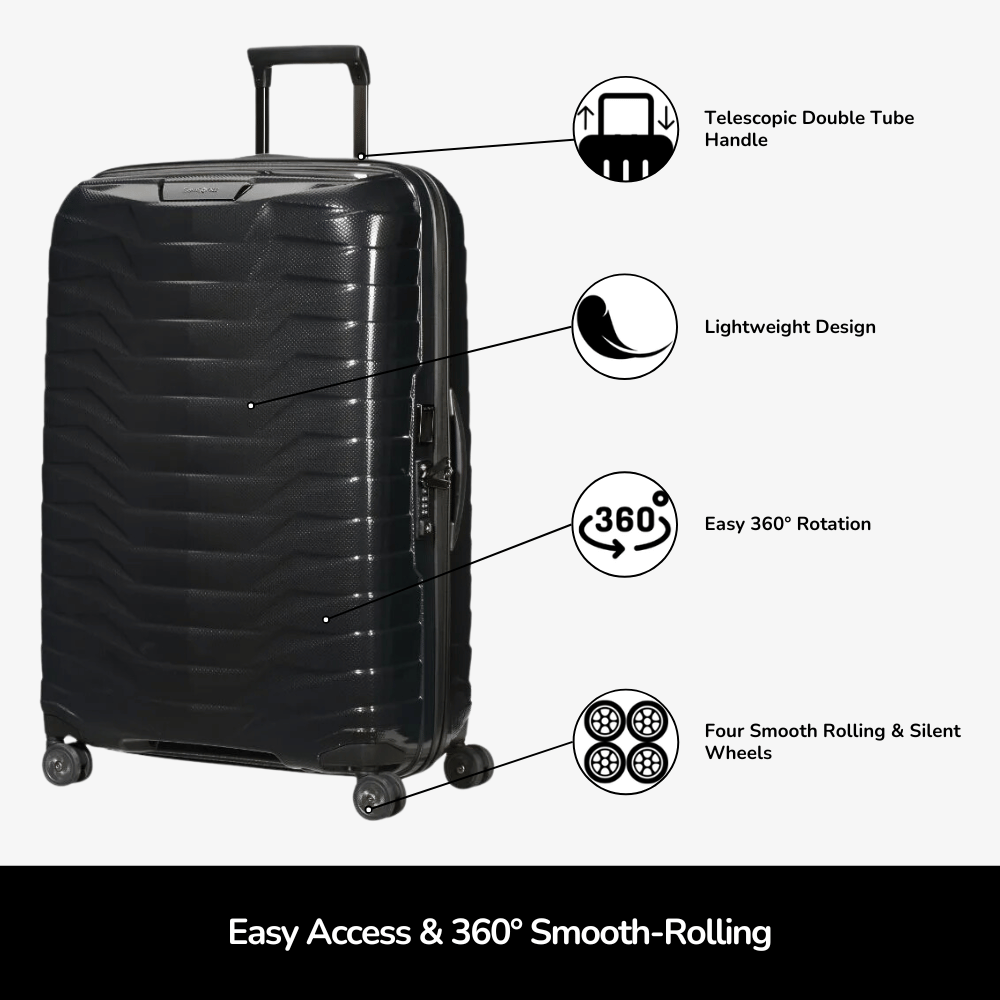 Samsonite Proxis 75cm spinner suitcase in sleek design, featuring four wheels for easy mobility and a durable exterior.