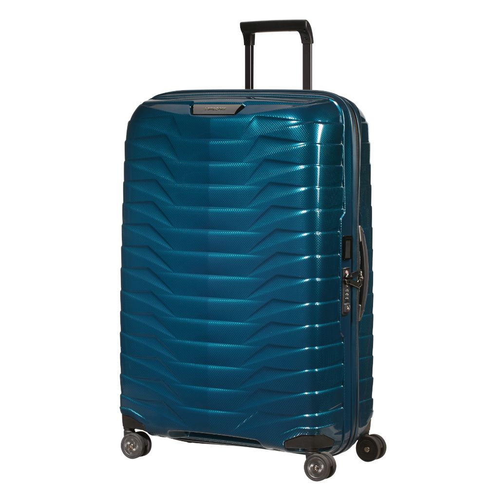 75cm petrol blue Samsonite Proxis spinner suitcase with smooth wheels and sturdy handle for easy travel.