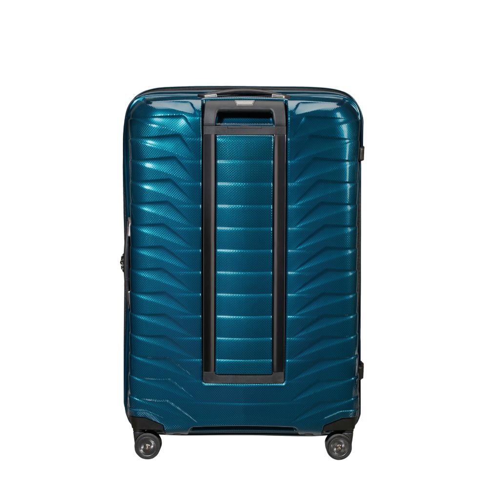 75cm Samsonite Proxis spinner suitcase in petrol blue with four wheels and ergonomic handle for easy maneuverability.