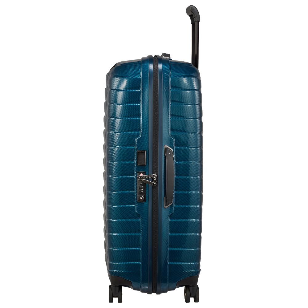 75cm Proxis spinner suitcase in petrol blue, featuring four wheels and a sturdy design for easy travel.