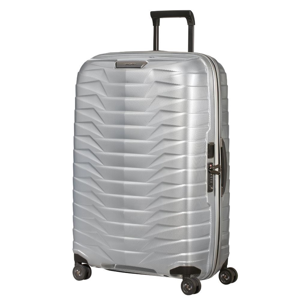 Silver 75cm Samsonite Proxis spinner suitcase with a sleek design and four wheels for easy mobility.