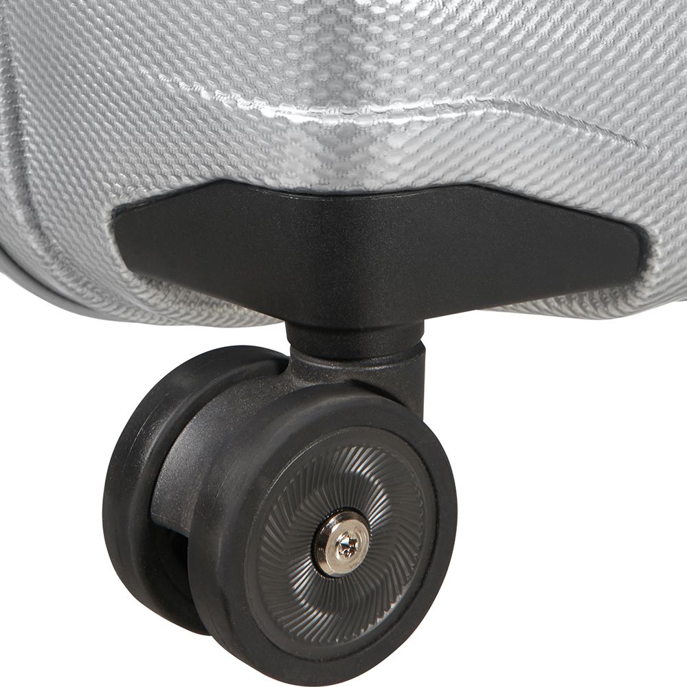 Silver 75cm Samsonite Proxis spinner suitcase with four wheels and a sleek design, ideal for check-in luggage.